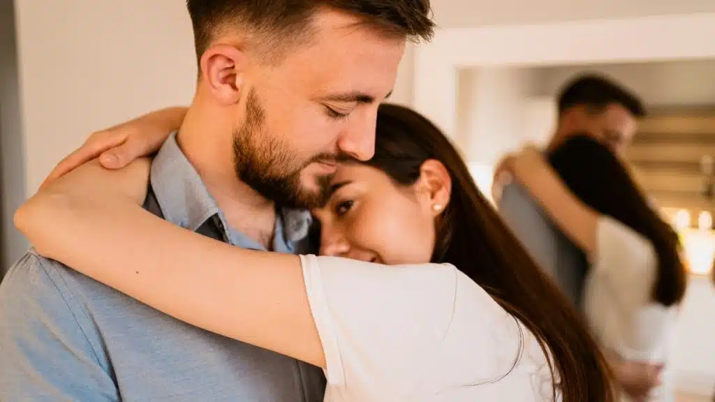 A man and woman embrace closely, with the woman’s arms wrapped around the man's neck.