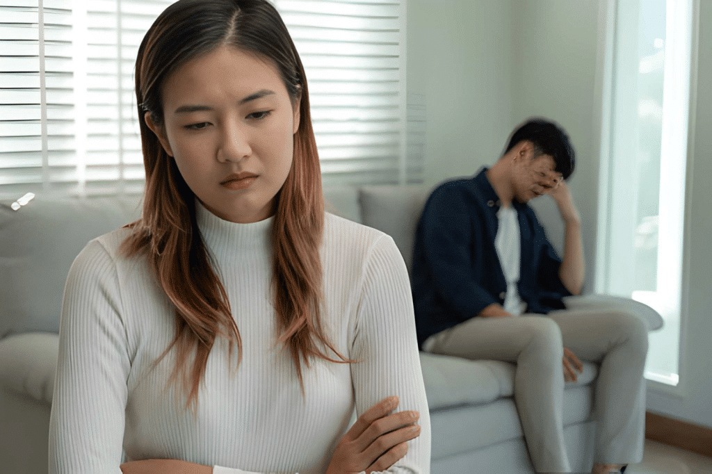 Sad and upset woman with upset man on couch in background