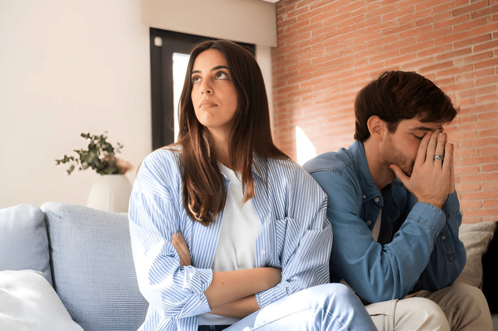 Troubled couple sitting on couch avoiding each other