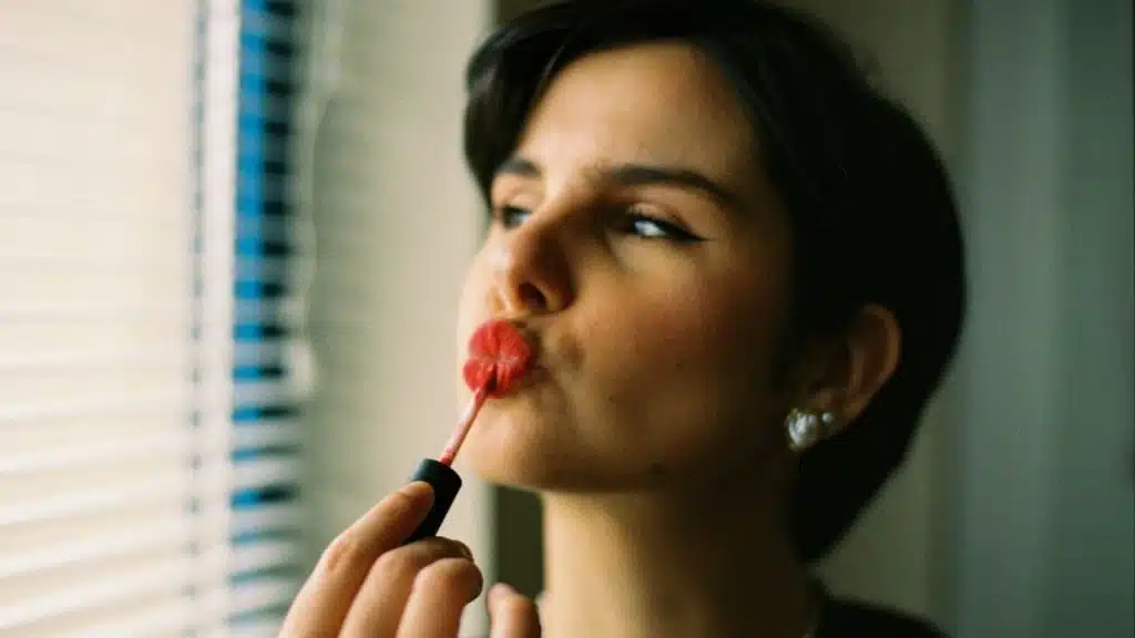 A person with short dark hair applies red liquid lipstick while looking toward a window.