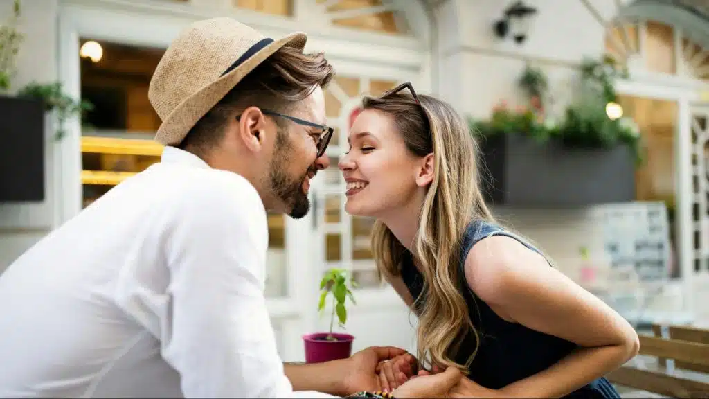 A man and woman talking