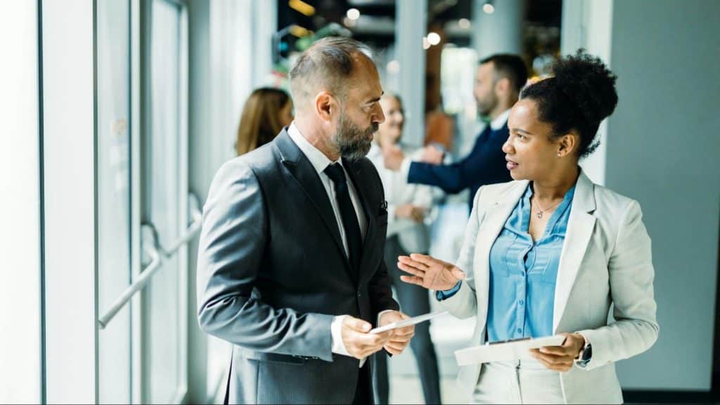 A man and woman talking
