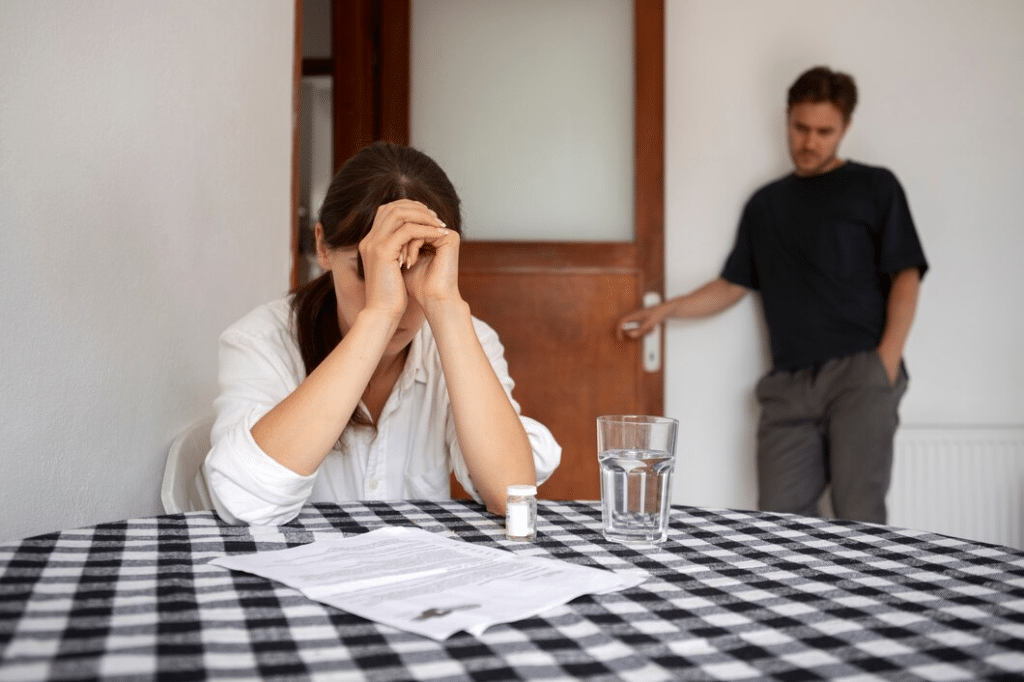 Troubled woman sitting in front of paper with man in background