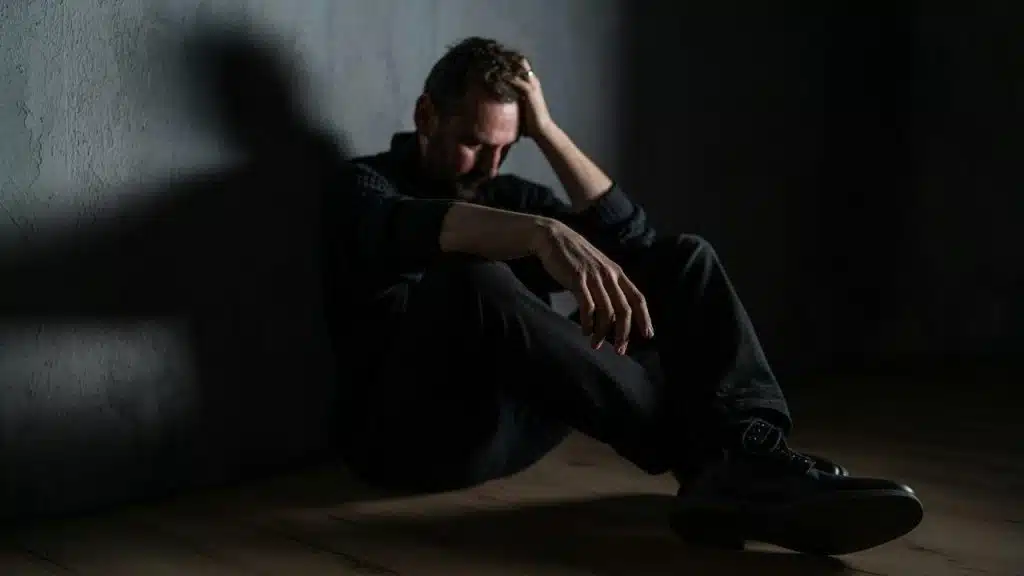 A man sits alone in a dark room with his hand on his head, looking stressed and sad.
