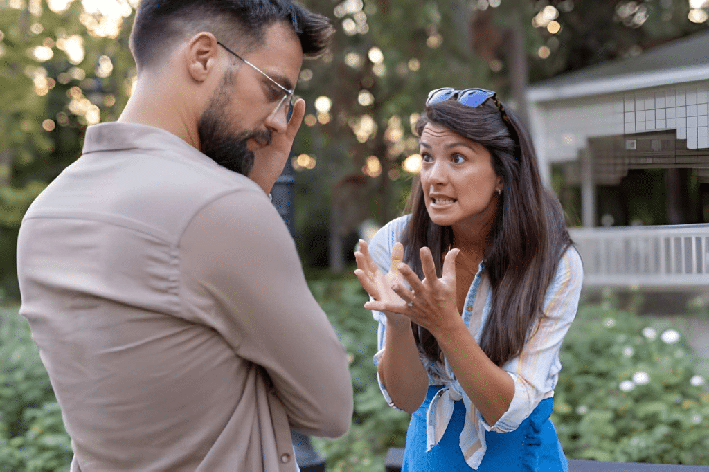 Woman gesturing aggressively at man outdoors in confrontation