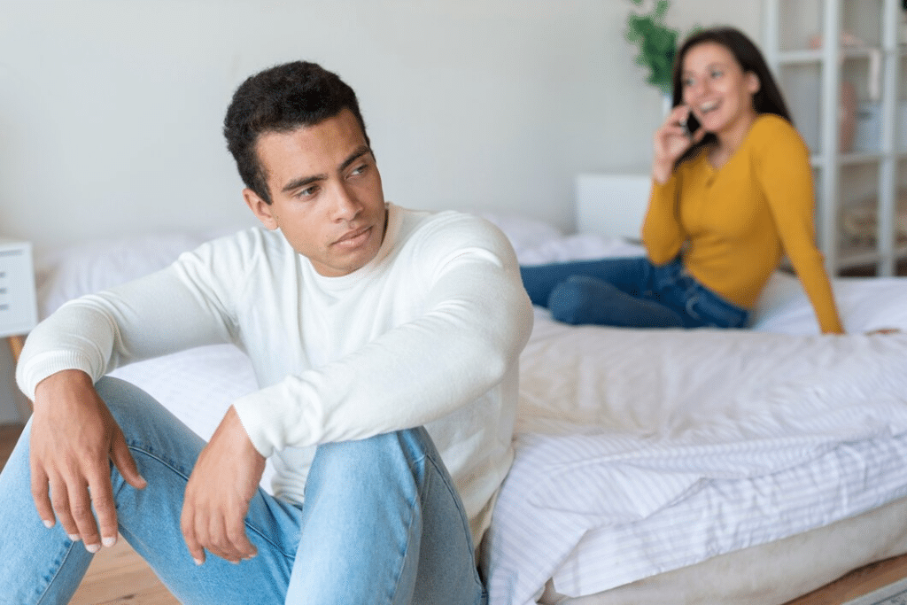 Upset man in bedroom