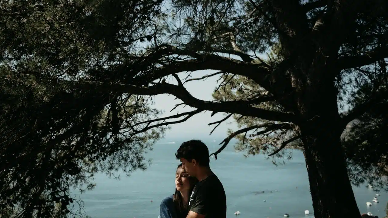 A couple embracing under trees overlooking the sea.