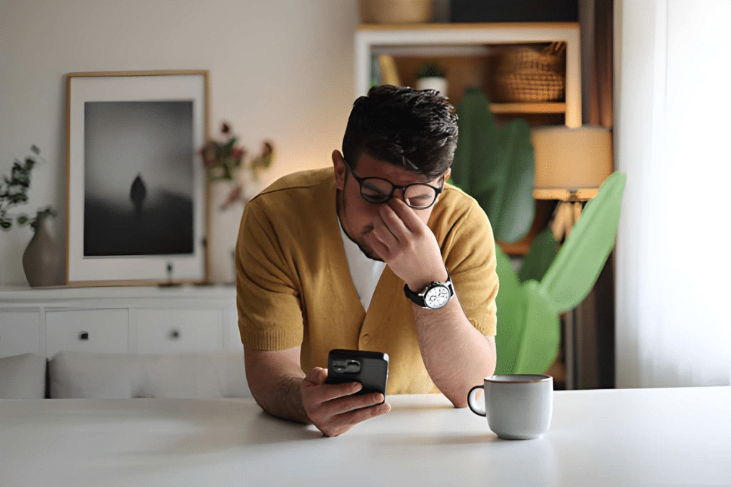 Distressed man reading messages on phone