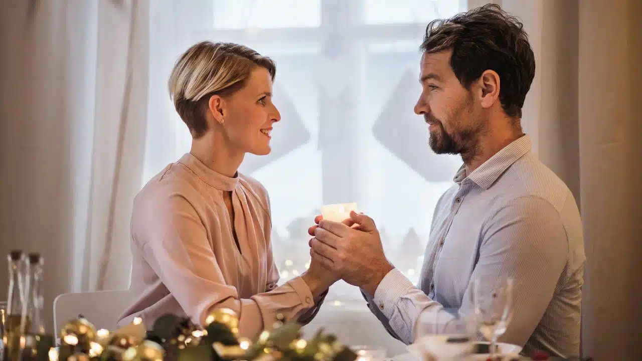 A couple holding hands across a candlelit dinner table.