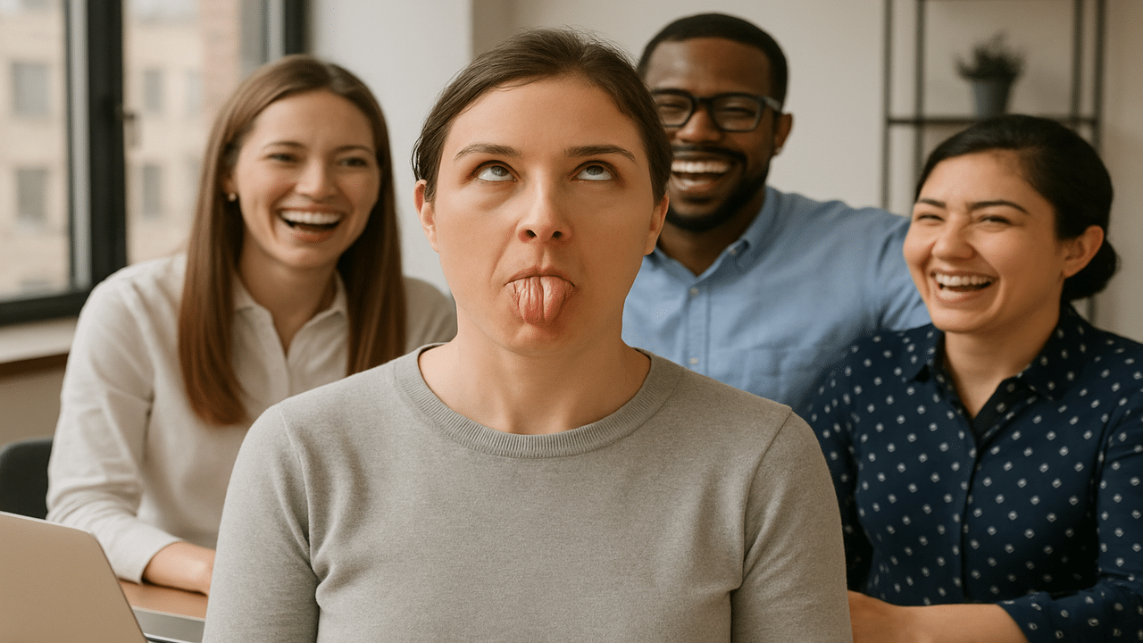 A woman making a silly face while her colleagues laugh