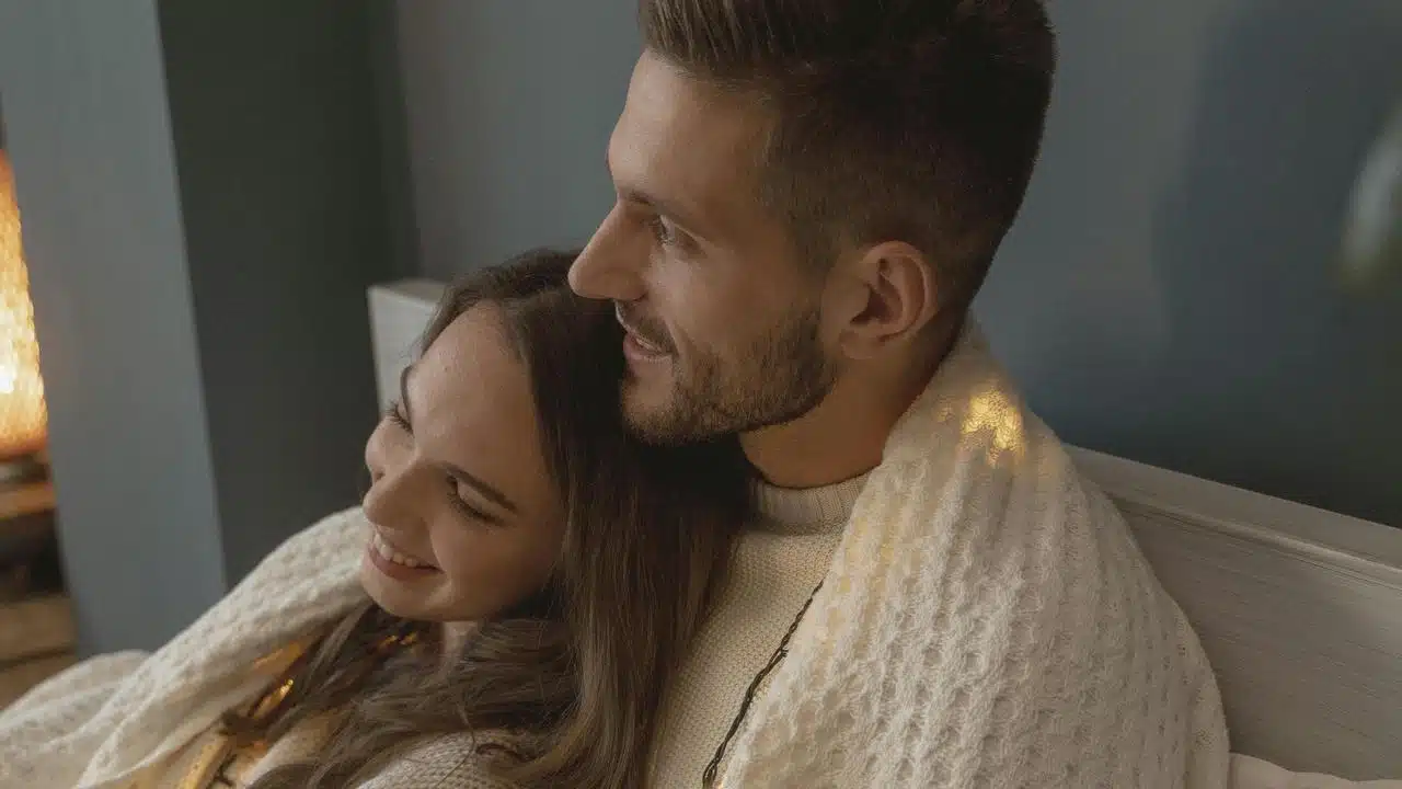 A couple cuddling under a blanket and smiling indoors.