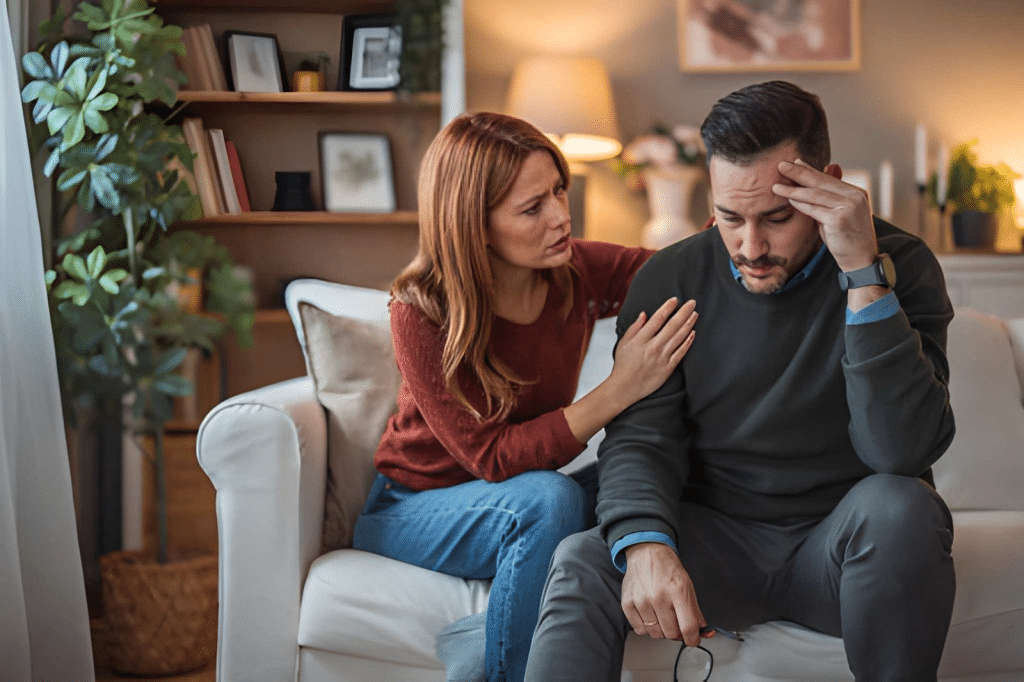 A woman comforts her depressed partner