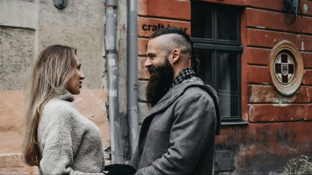 A man and woman talking