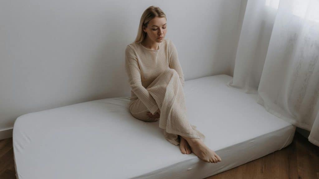 A woman sitting alone on a bed, looking down with a pensive expression.