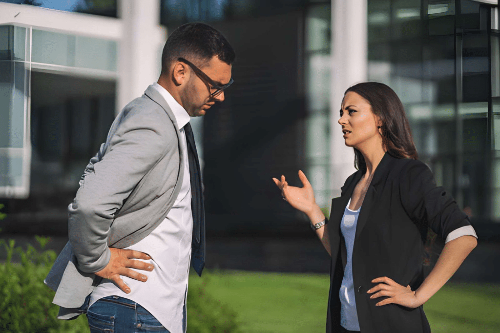 Man and woman outdoors in business casual arguing