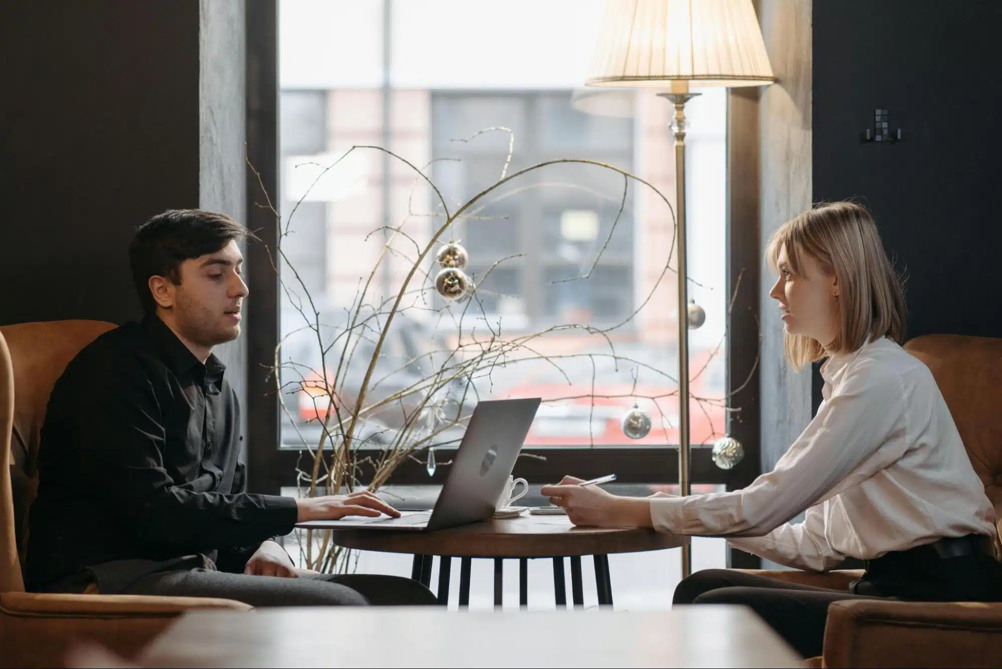 A man and woman talking