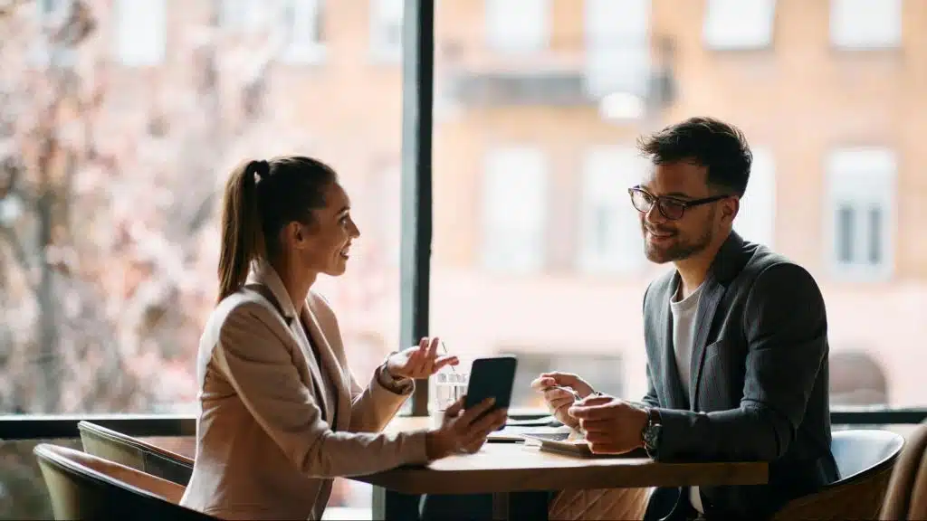 A man and woman talking