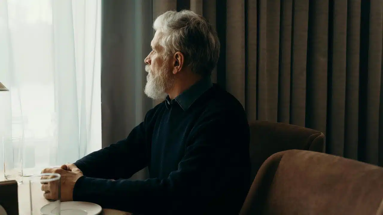 An older man sitting alone at a table