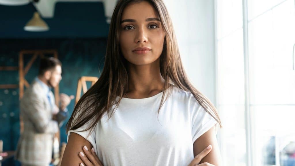 A young woman inside the office is looking at the camera. A man is standing behind her in the background.