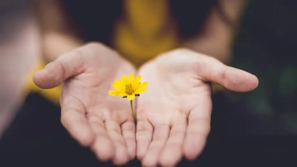 A woman holding a small flower in her outstretched hands.