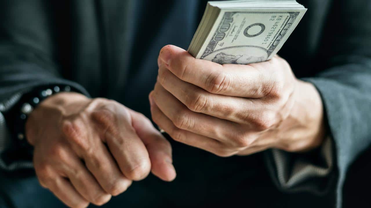 A person holding a stack of dollar bills in their hands.
