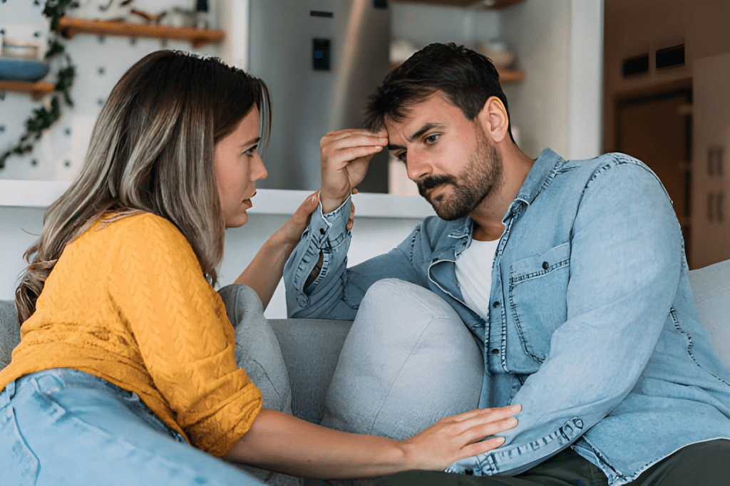 Couple having a serious discussion on couch