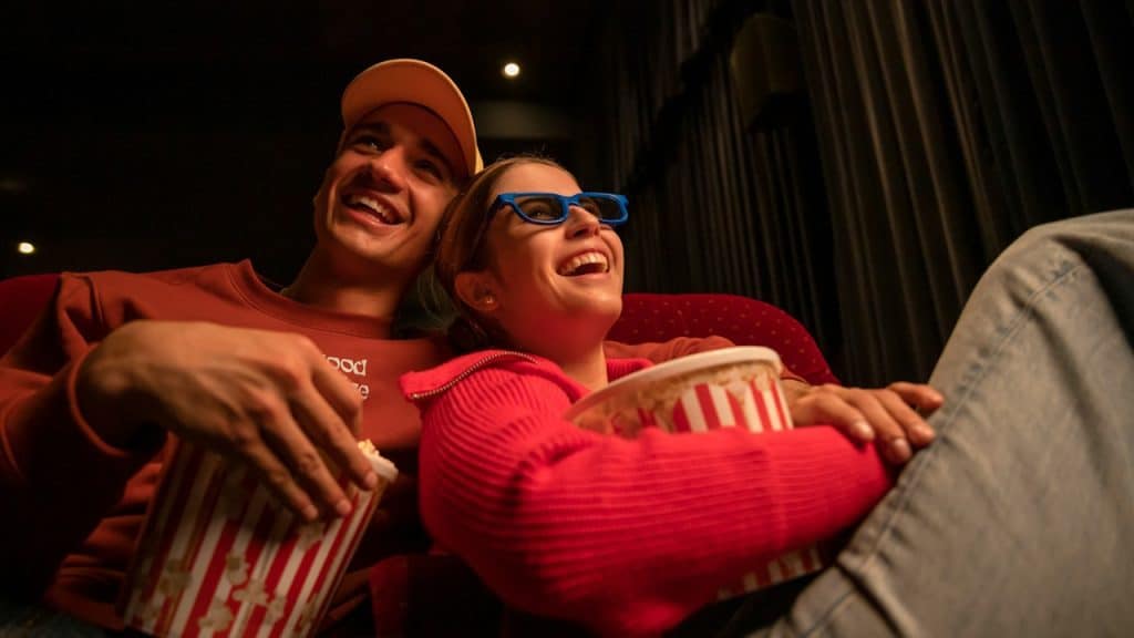 A man and a woman sitting in a movie theater.