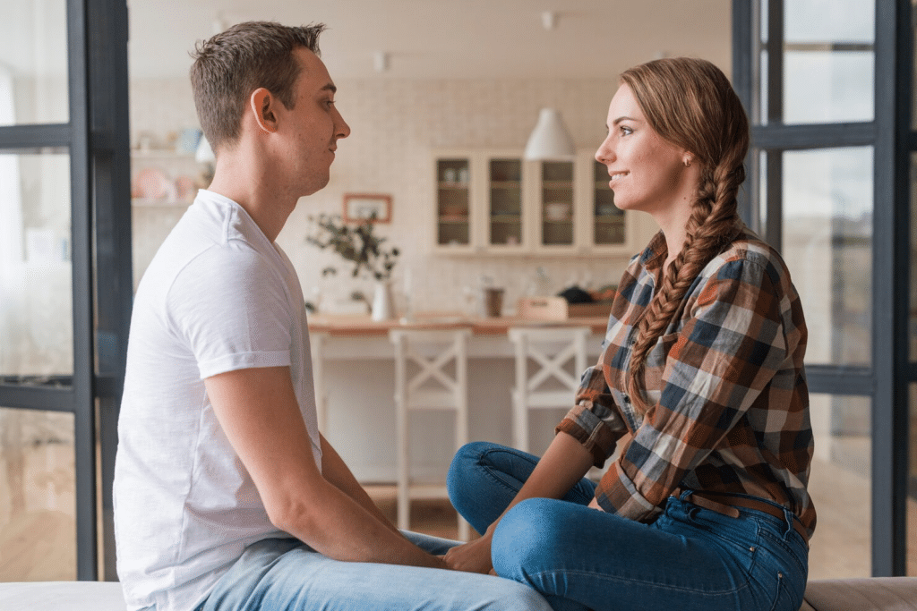 A man and woman talking calmly