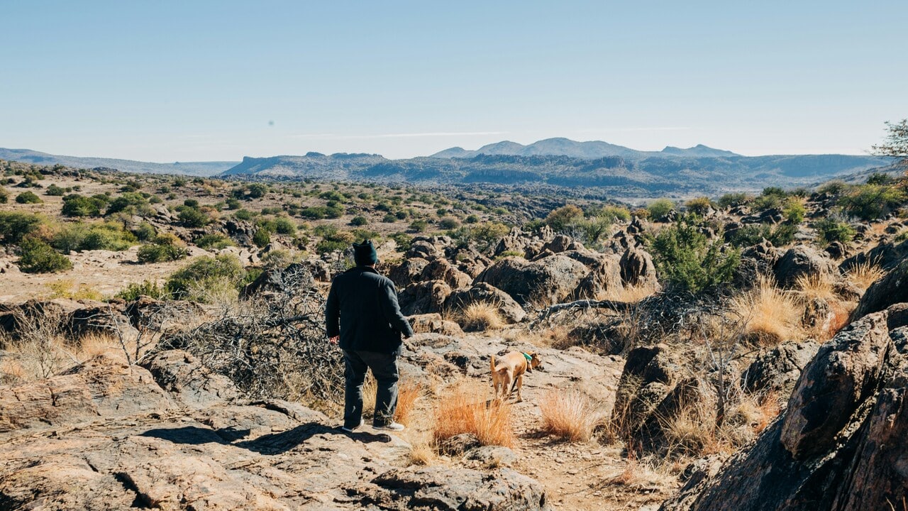 A man walking his dog on a field