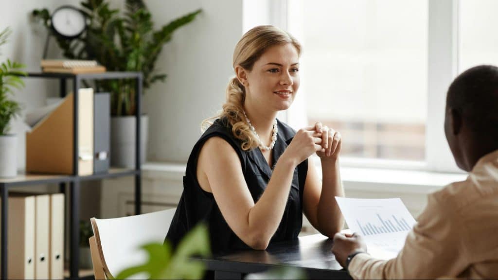 A man and woman talking