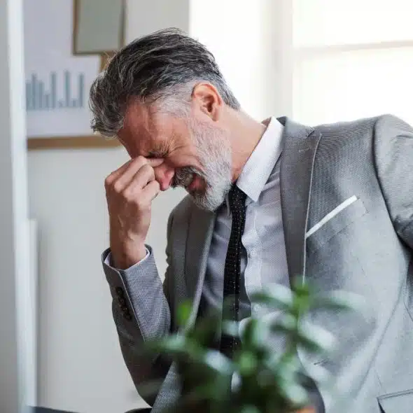 A man in a grey suit sits at a desk, pinching the bridge of his nose.
