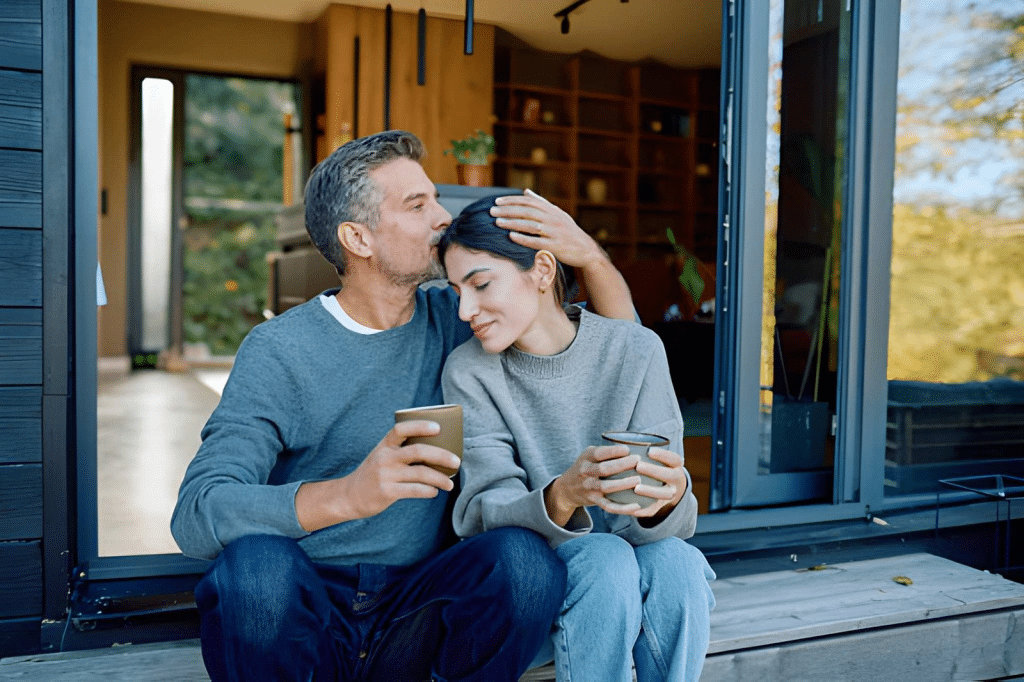 Couple sitting on home porch, man kissing woman's forehead