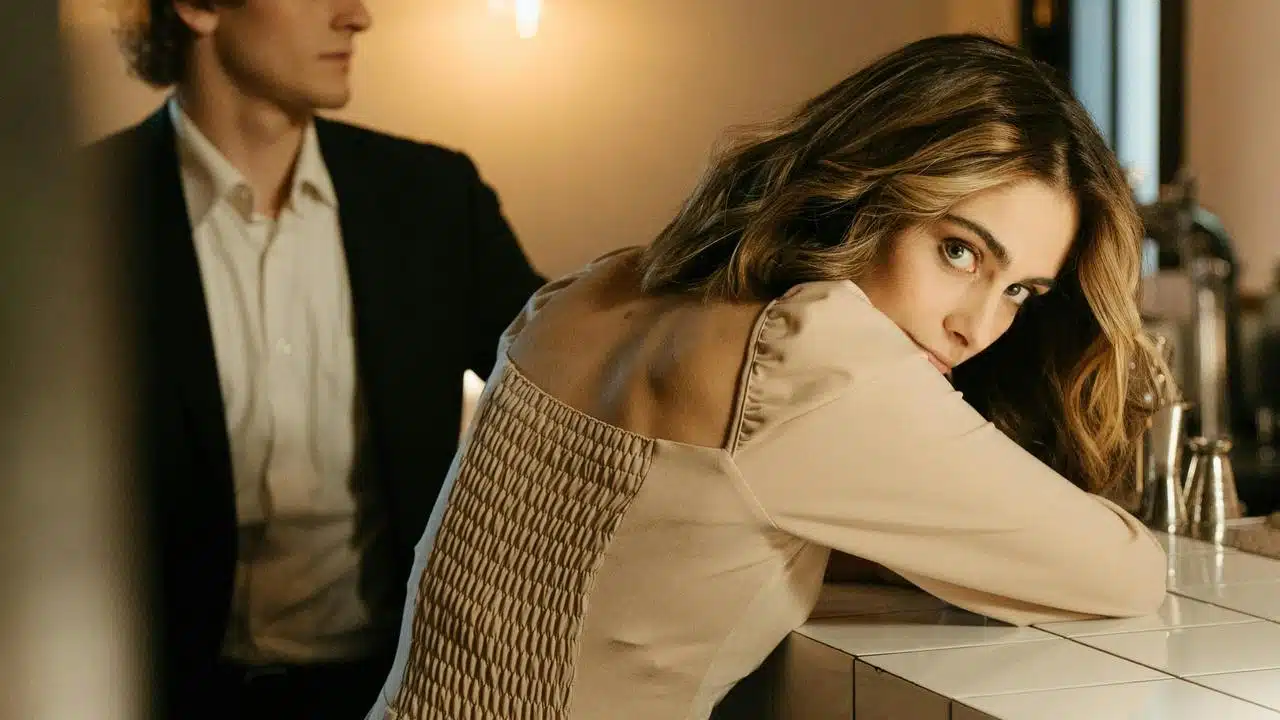 A woman leaning on a counter while a man stands behind her.