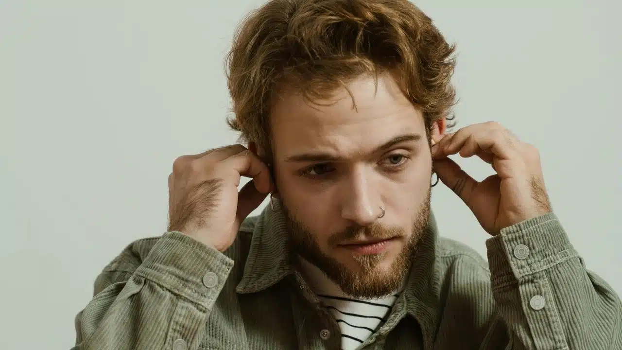 A man adjusting his earphones while looking focused and pensive.