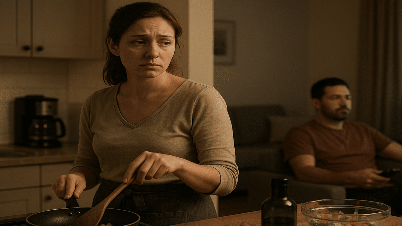 A sad woman looking at her husband