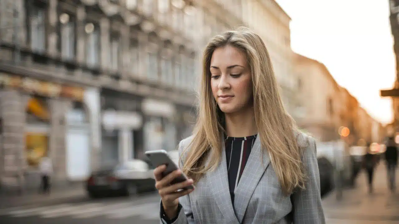 A woman in a blazer looking at her phone on a city street.