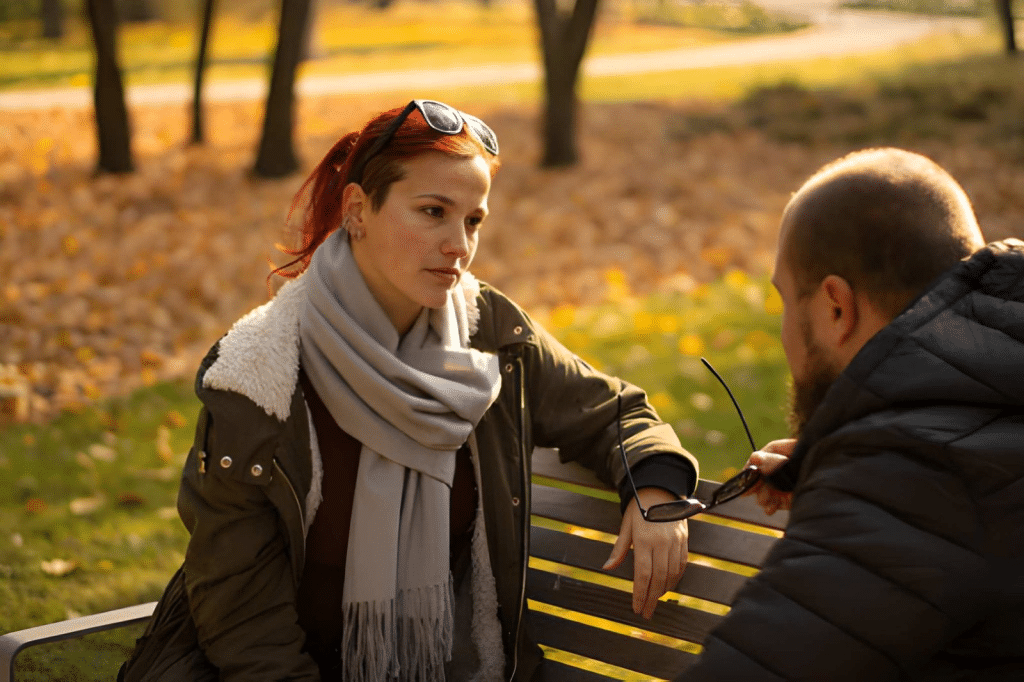 A man and a woman engage in serious emotional conversation