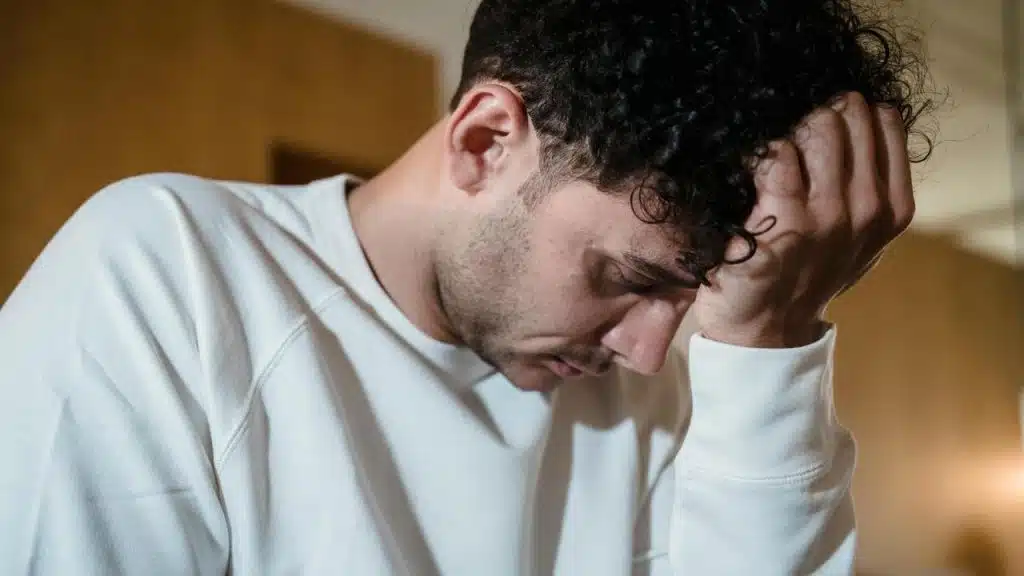 A person bows their head with a hand pressed to their forehead indoors.