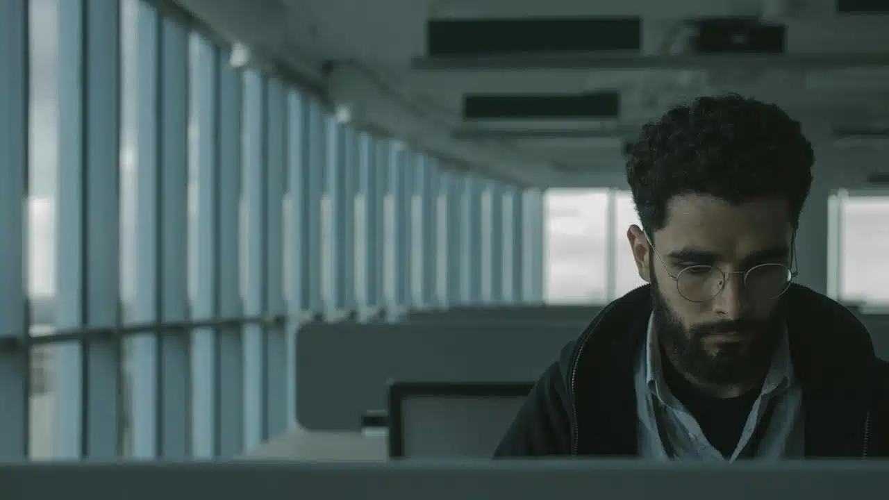 A man wearing glasses sitting alone