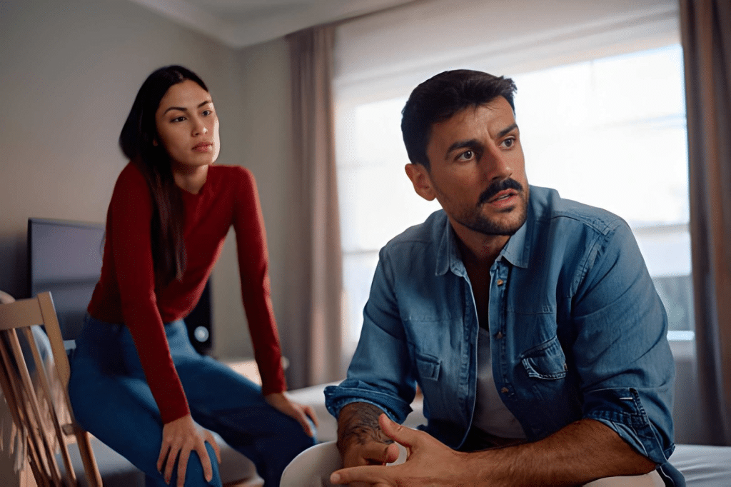 Displeased man ignoring his girlfriend