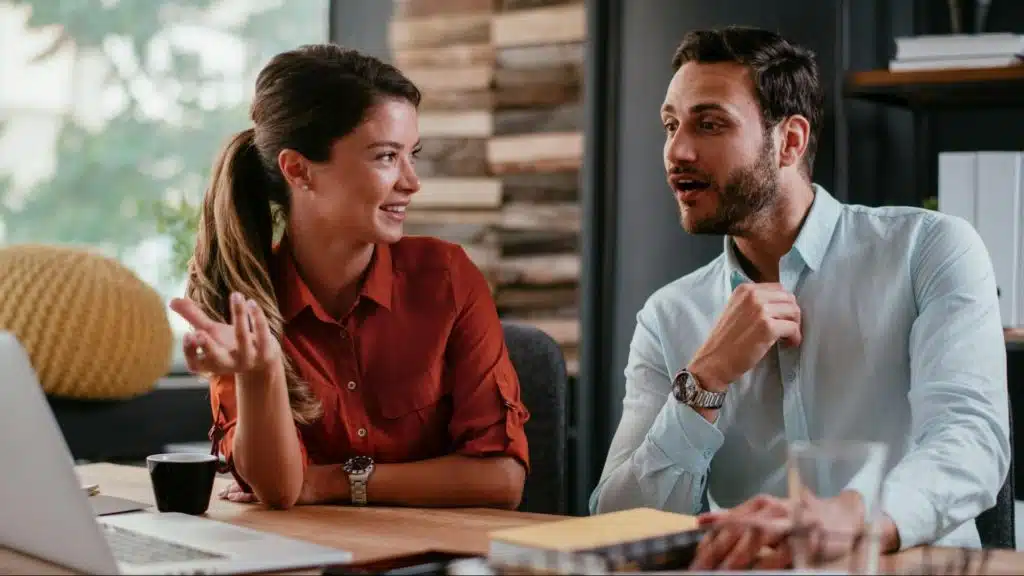 A man and woman talking