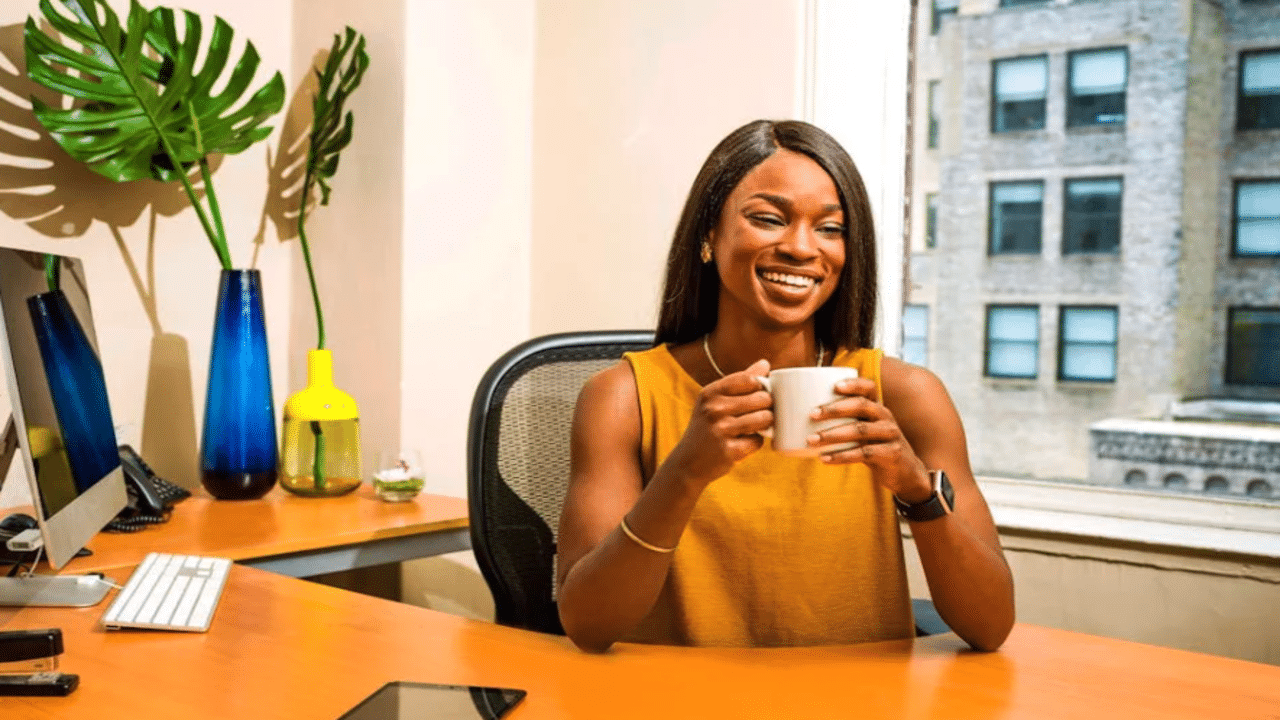 A woman smiling while at work