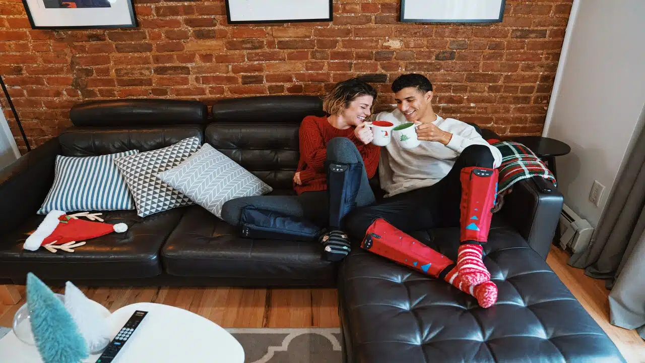 A couple having hot cocoa