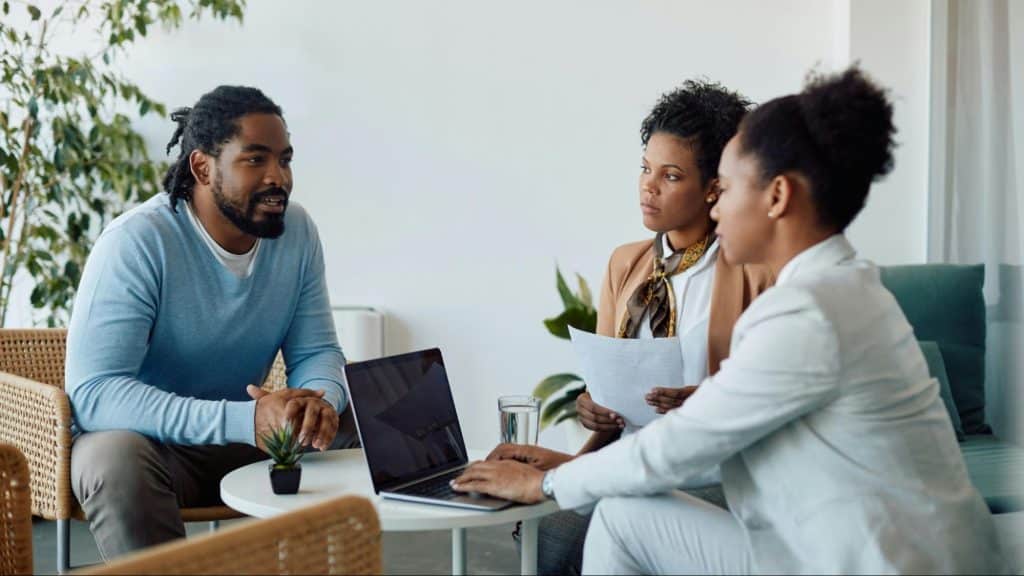 A man and women talking