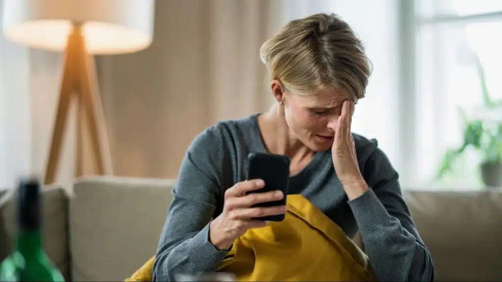 Woman crying while holding a phone