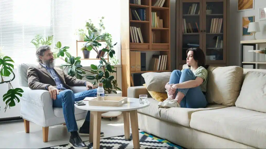 A man and woman talking