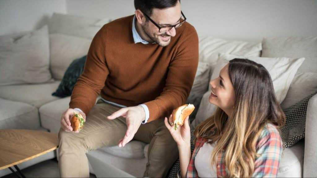 A man and woman talking