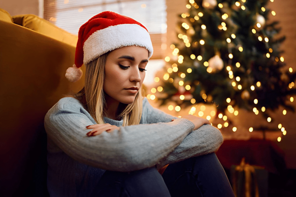 Depressed woman spending Christmas