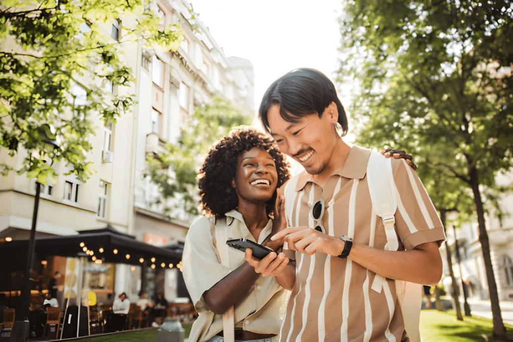 Young tourist couple, walking through the city