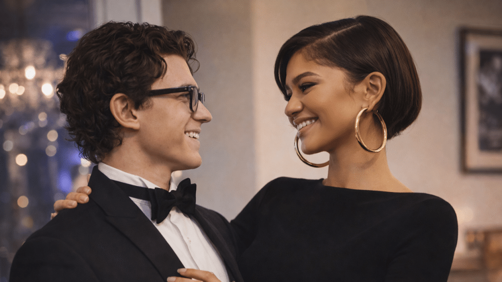 A photo of Tom Holland and Zendaya smiling.